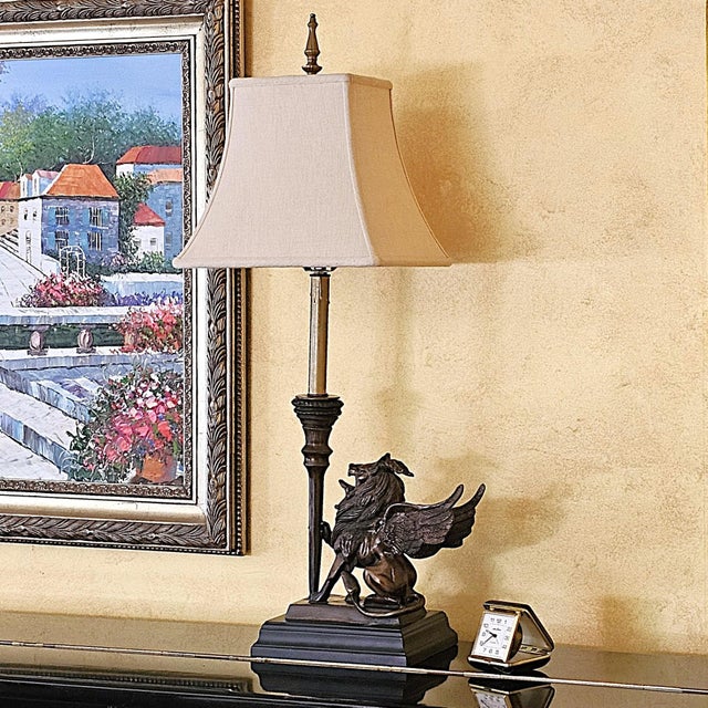 Vintage Neoclassical Bronze Winged Lion Griffin Table Lamp With Linen Shade For Sale - Image 18 of 18