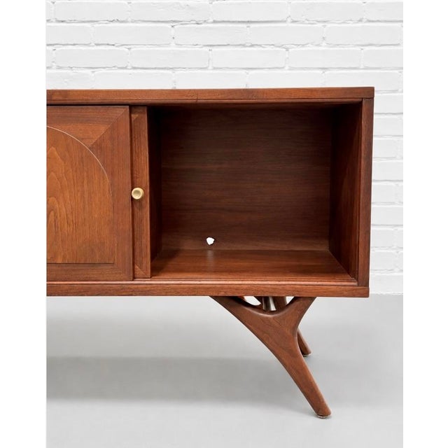 Brass Long + Low Mid Century Modern Walnut and Cane Credenza | Sculptural Kagan Style Wishbone Leg Sideboard, C. 1960's For Sale - Image 8 of 15
