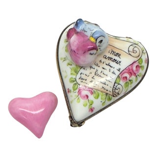 Hand-Painted Mon Amour Heart-Shaped Trinket Box With Porcelain Heart, Limoges For Sale