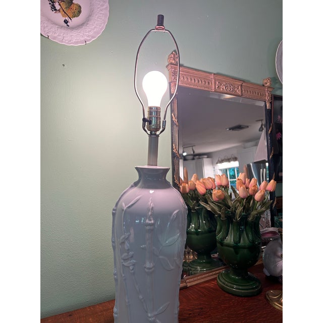 White 1960’s White Ceramic Chinoiserie Lamp With Palm Beach Bamboo Motif For Sale - Image 8 of 8