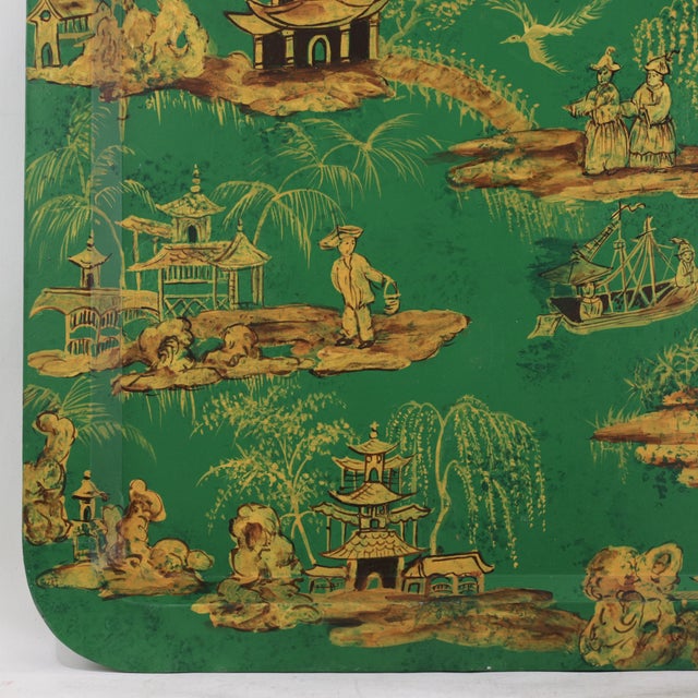 Metal Vintage Hand Painted Chinoiserie Tole Tray Emerald Green and Gold Lacquer Rectangular Serving Tray For Sale - Image 7 of 16