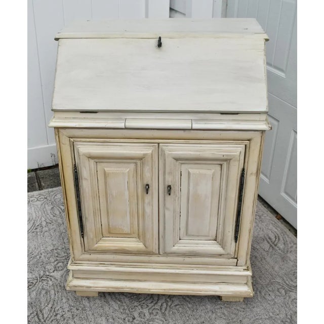Slant Front Secretary Desk 1970s Venetian Style Distressed White For Sale - Image 4 of 12