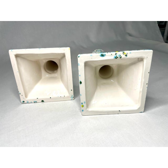 Vintage Modern Coastal Splatterware Painted Ceramic Glazed Candlesticks, a Pair, Turquoise, Yellow, Chartreuse For Sale - Image 9 of 10