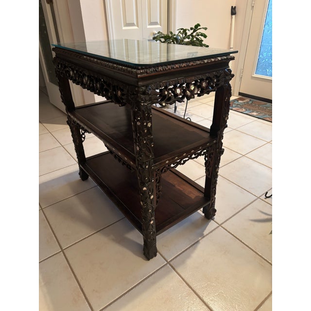 Chinese Antique Chinese Black Lacquer & Mother-of-Pearl Marble Top Tiered Table Late 19th Century | Qing Dynasty Influence For Sale - Image 3 of 12