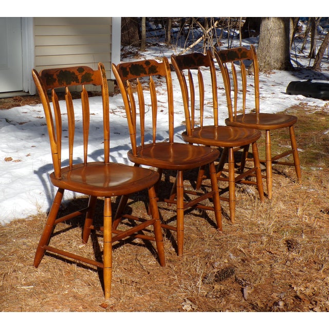 Farmhouse Vintage Set of 4 L. Hitchcock Arrow Back Solid Maple Stenciled Dining Chairs For Sale - Image 3 of 12
