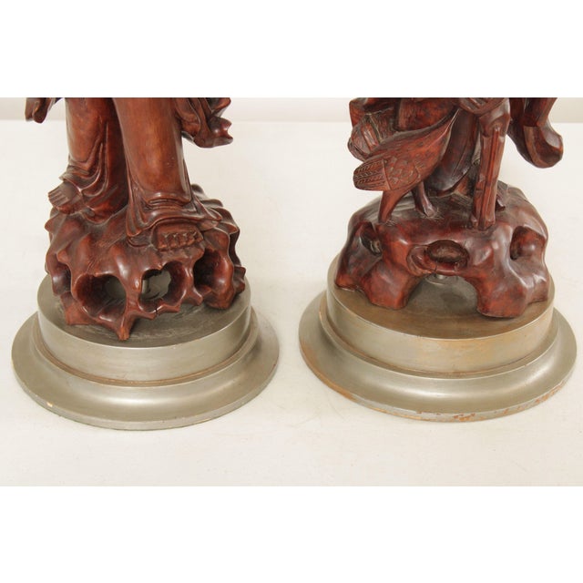 Vintage Pair Of Carved Hard Wood Chinese Figural Table Lamps With Brass Hardware For Sale In Philadelphia - Image 6 of 12
