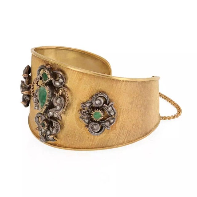 Vintage 1.90ct Rose Cut Diamond Emerald 18k Gold Silver Cuff Bracelet For Sale - Image 4 of 6
