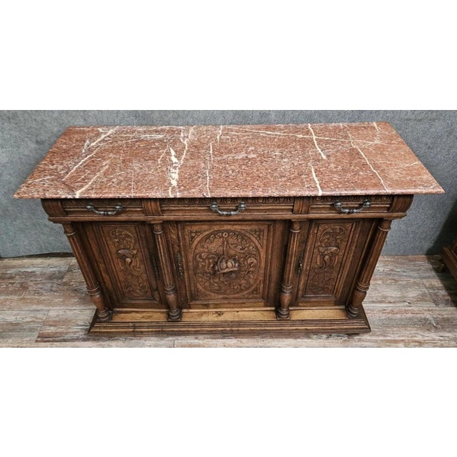 Superb Solid Oak Sideboard with Marble Top - Renaissance Style Magnificent antique solid oak sideboard, richly carved,...