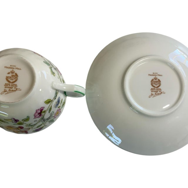 Traditional Vintage Minton Haddon Hall Flat Cup & Saucer Set of 6 Fine Bone China Green Trim - 12 pcs For Sale - Image 3 of 5