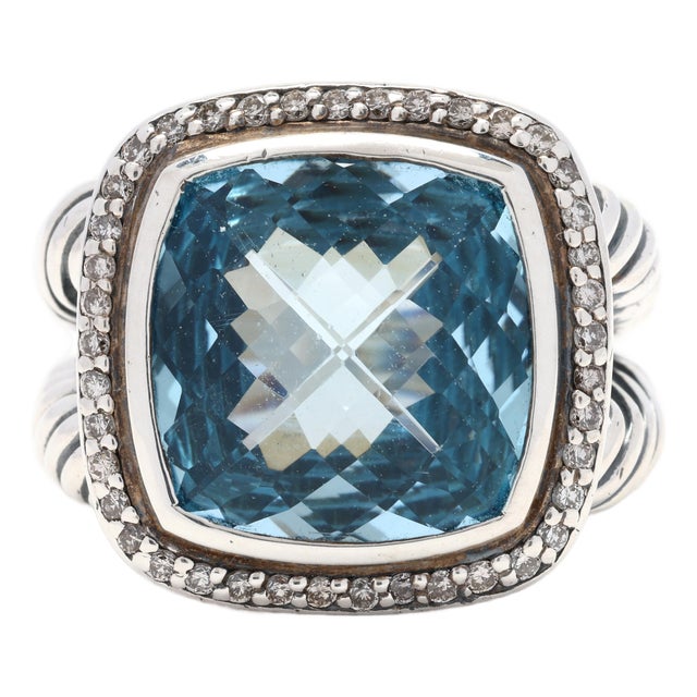David Yurman 13.85ctw Blue Topaz and Diamond Ring, SterlingSilver 18k White Gold, Size 8.25 For Sale