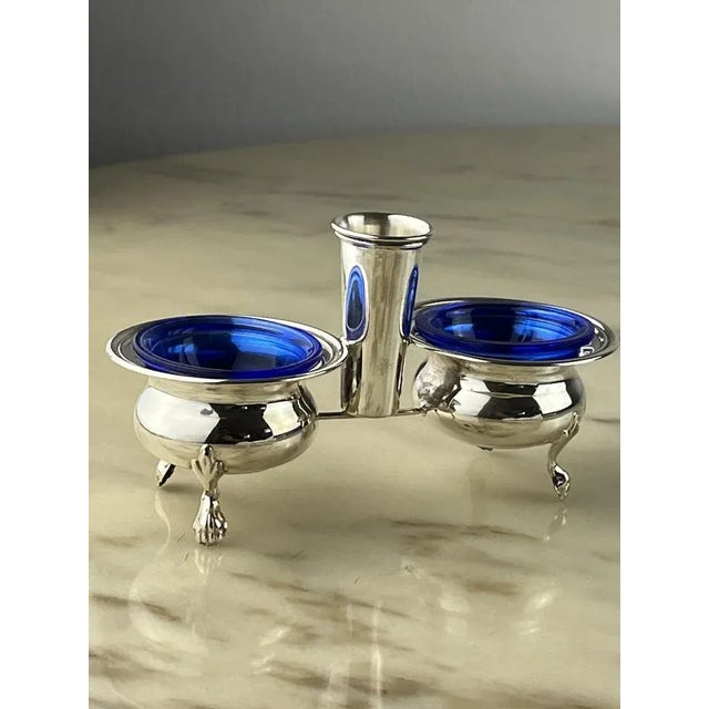 Set of salt/pepper/toothpicks in 800 silver and crystal, Italy, 1990 Intact, never used. Papiccoli signs of time....