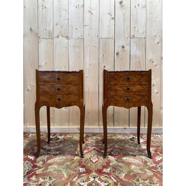 Brown Louis XV Style Marquetry Bedside Tables, 1950s, Set of 2 For Sale - Image 8 of 8