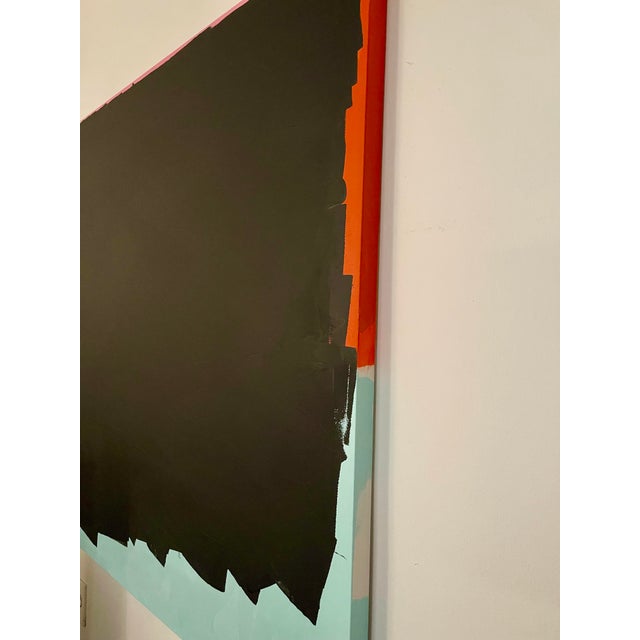 This stretched canvas painting is a one of a kind 4' X 4' modern abstract, with minimalist and mid century elements. The...