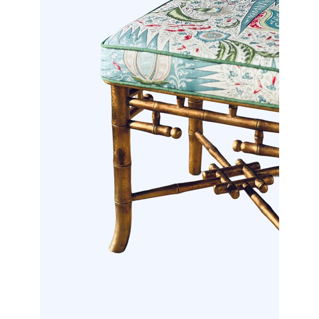Chinese Chippendale Giltwood Faux Bamboo Bench in Quadrille Les Indiennes For Sale - Image 6 of 18