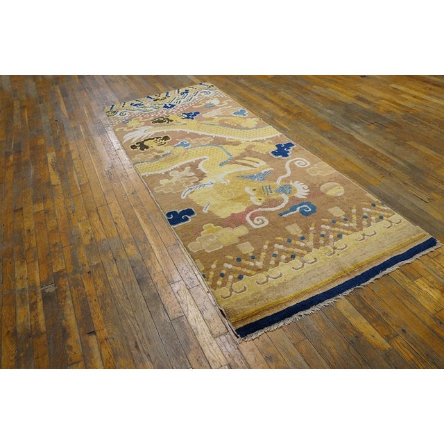 1820s Yellow Dragon Antique Chinese Ningxia Pillar Rug 3'4" X 8'8" Handknotted Wool Carpet For Sale In New York - Image 6 of 6