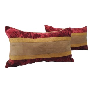 Antique Red and Gold Silk Velvet Decorative Lumbar Pillows - Set of 2 For Sale