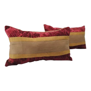 Antique Red and Gold Silk Velvet Decorative Lumbar Pillows - Set of 2