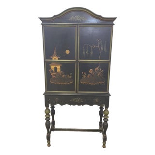 Antique Art Deco Chinoiserie Black and Green Hand Painted Drop Front Desk For Sale
