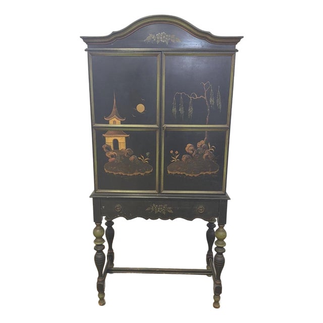 Antique Art Deco Chinoiserie Black and Green Hand Painted Drop Front Desk For Sale