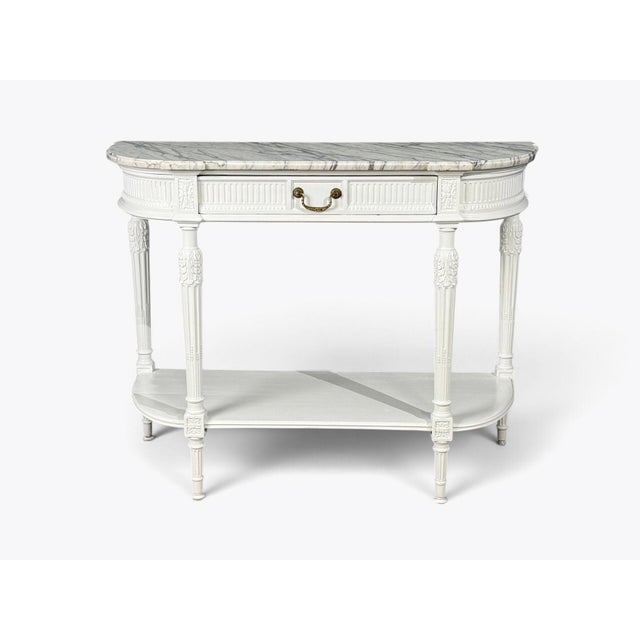 French Louis XVI Style, White Demilune Console Table, Wood, Marble, France, 1960s For Sale - Image 3 of 15