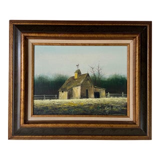 1970s Vintage Country Farm - Landscape Scene Oil Painting by Herb Helen – Framed For Sale