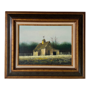 1970s Vintage Country Farm - Landscape Scene Oil Painting by Herb Helen – Framed