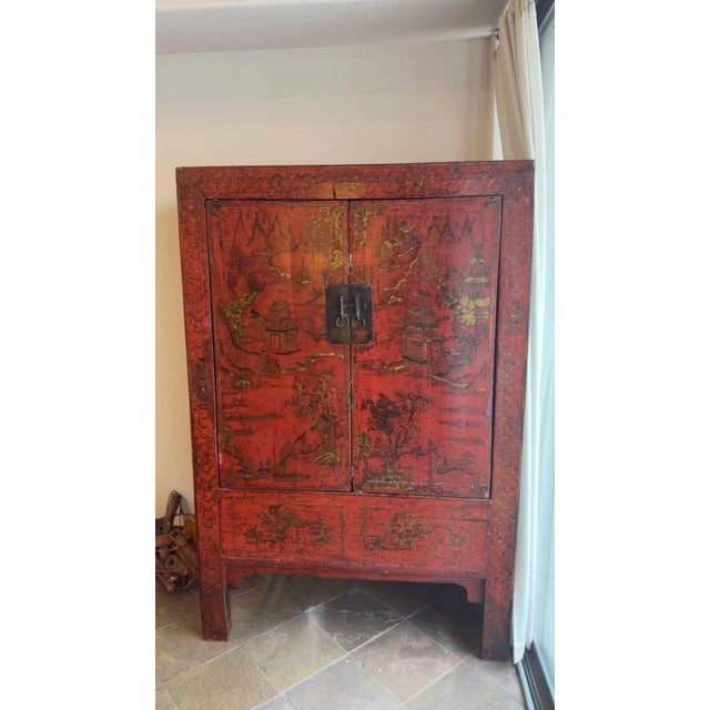 Late 19th Century Red Antique Chinese Chinoiserie Style Wedding Cabinet For Sale - Image 10 of 12