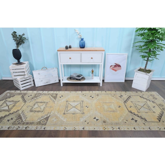 1960s Yellow Natural Turkish Hand-Knotted Runner Rug For Sale - Image 4 of 8