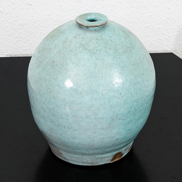 Mid Century Modern Round Vase Pot Teal Glaze Studio Ceramic Blue Weed Vintage For Sale - Image 9 of 12