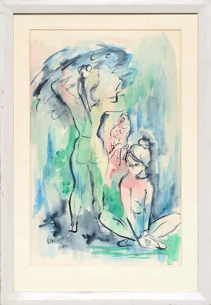 Late 20th Century "Dancers" Postmodern Abstract Figurative Watercolor Painting by Clareen Barrett, Framed