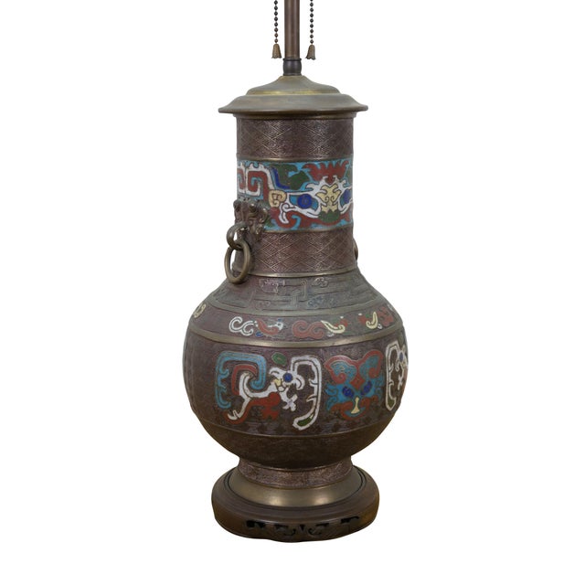 Japanese Japanese Champleve Bronze Cloisonne Enameled Mantel Vase Urn Table Lamp 26" For Sale - Image 3 of 14