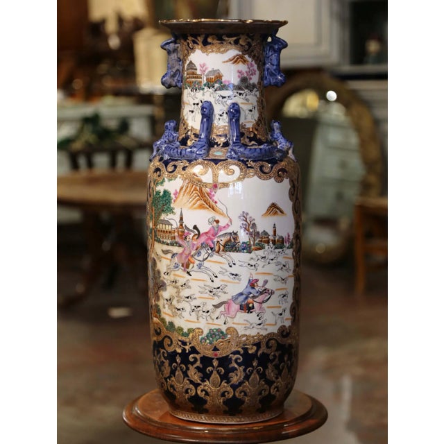 Mid-Century Chinese Famille Rose Porcelain Vase With Fox Hunt Scenes For Sale In Dallas - Image 6 of 10