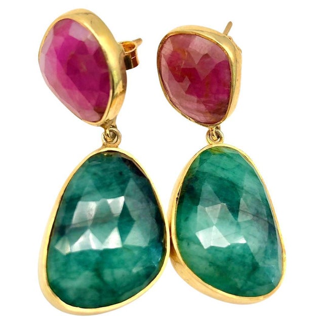 Bochic "Capri" Ruby & Multi Rough Cut Emerald Earrings Set In 18K Gold & Silver For Sale - Image 15 of 18