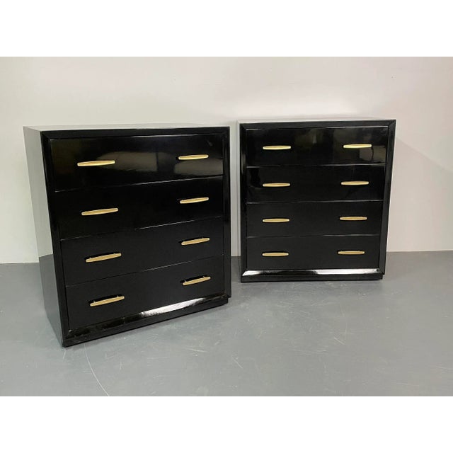 Hollywood Regency Pair of Mid Century Modern Ebony Lacquered Chests, Dressers, Brass, American For Sale - Image 3 of 11