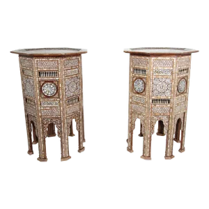 Moorish Middle Eastern Large Pedestal Tables Inlaid with Shell, 19th Century - a Pair