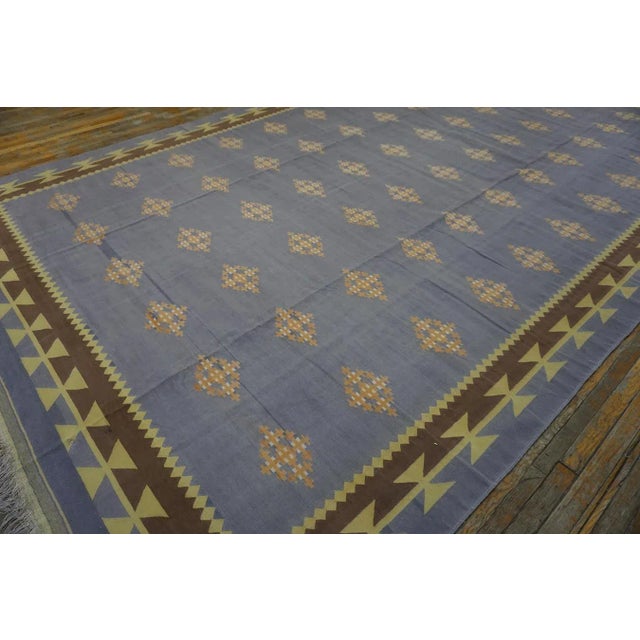1930s Blue Gray Diamond Antique Indian Cotton Dhurrie Carpet 9'7'' X 15'7'' Flatweave Rug For Sale - Image 10 of 14
