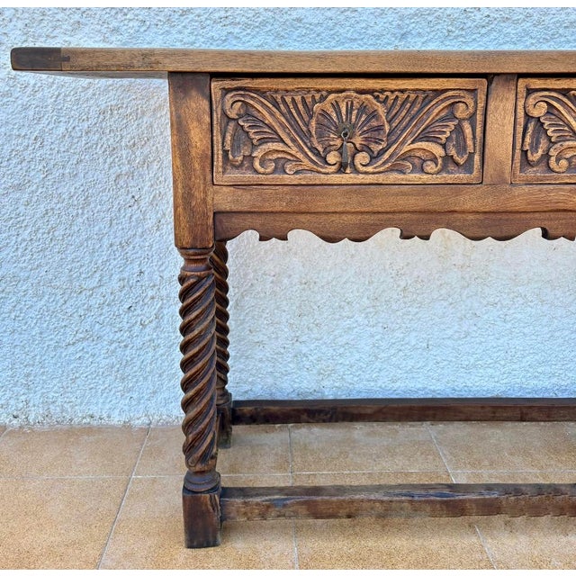 Wood Spanish Castilian Console Table with Two Carved Drawers and Turned Legs, 1890s For Sale - Image 7 of 15