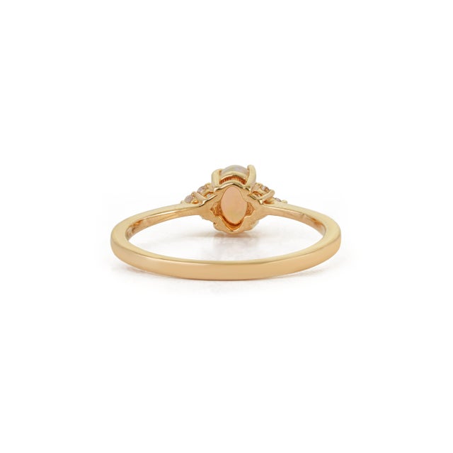 Natural Oval Cabochon Opal Ring With Trio Diamonds in 14k Yellow Gold Size 4 For Sale - Image 9 of 16
