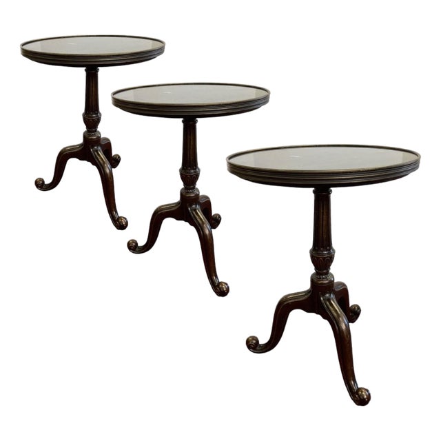 Set of Three Regency-Style Cast Iron Pedestal Tables With Black Stone Tops For Sale