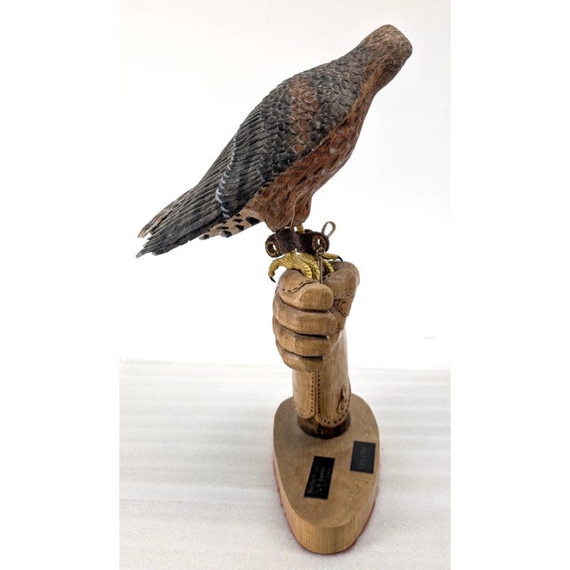 American Harrier Hawk & Gloved Handler 2003 – Carved Wooden Sculpture Signed Bradford King For Sale In San Diego - Image 6 of 16