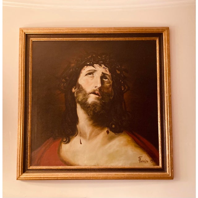 Framed portrait of “Christ” scarlet garment draped around the shoulder of Christ Signed D. Ferreiro from the original by...