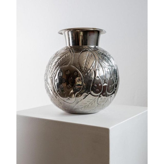 Vintage Nickel-Plated Brass Vase with Hand-Hammered Fruit and Leaf Relief, Italy, 1960s For Sale - Image 11 of 15