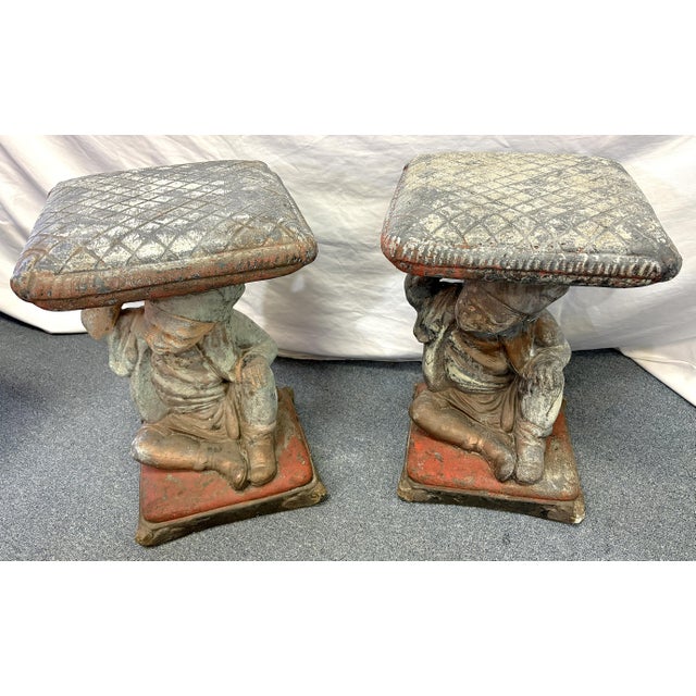 Vintage Cast Cement Figural Putti Garden Stools- A Pair For Sale - Image 13 of 18