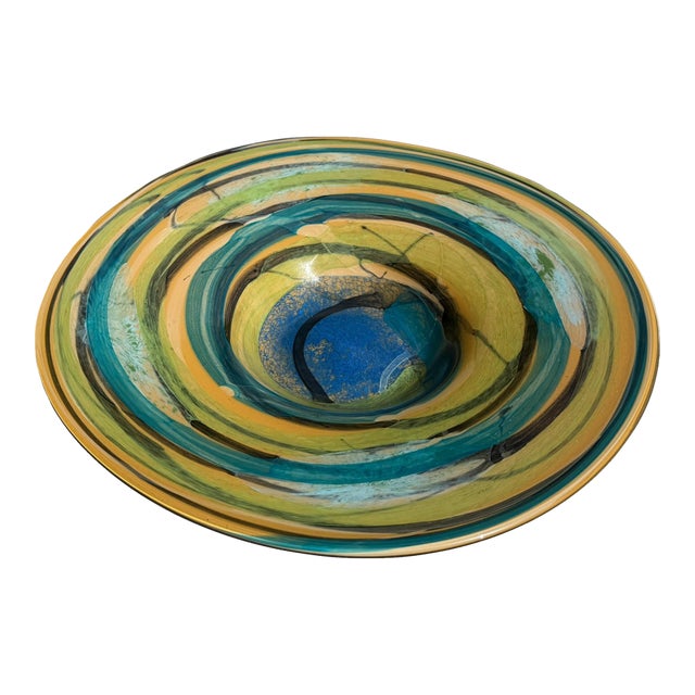 Vintage Handcrafted Art Glass Charger Bowl in Blue, Teal & Amber Swirl Glaze For Sale