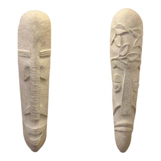 Pair of White Plaster Textured Wall Mexican Masks For Sale