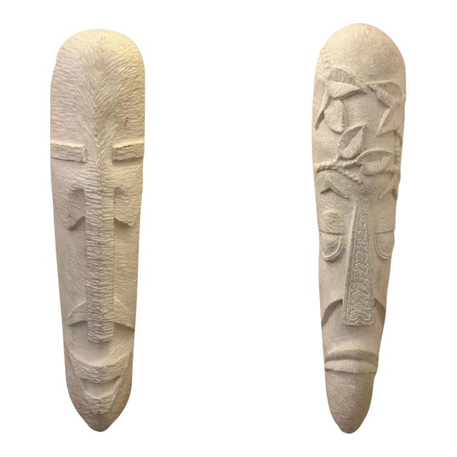 Pair of White Plaster Textured Wall Mexican Masks For Sale