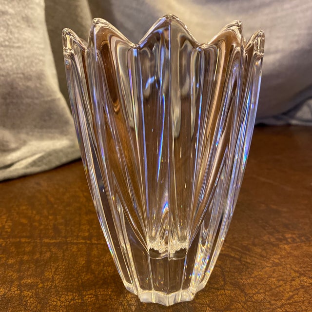 Beautiful authentic Orrefors crystal vase from Sweden featuring an elegant sculptural design with flowing vertical cuts...
