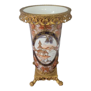 19th C. French Imari Porcelain Vase W/ Cast Brass Gallery and Base on Lion Paw Feet