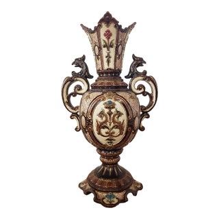 Circa 1900 Bohemian Renaissance Revival Majolica Gryphon Handled Footed Vase For Sale