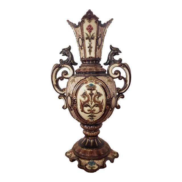 Circa 1900 Bohemian Renaissance Revival Majolica Gryphon Handled Footed Vase For Sale